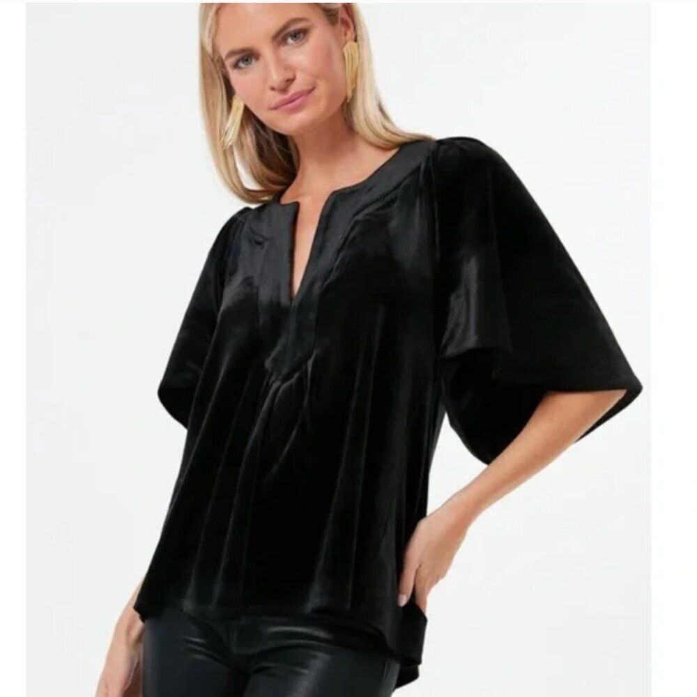 Pomander Place Finley Velvet Flutter Sleeve Top Black Size XL